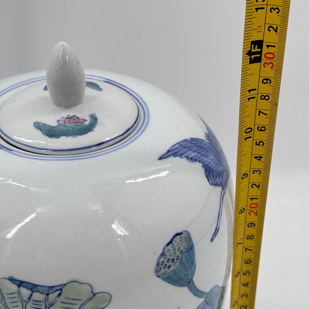 Vintage Chinese Lotus & Crane Ginger Jar Lidded Porcelain Famille Verte Style - Picture 9 of 9